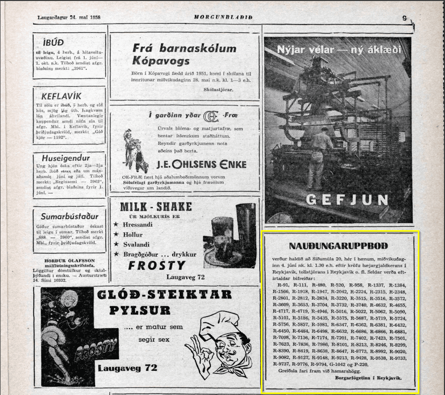 Auglýsing tengd Vöku árið 1958